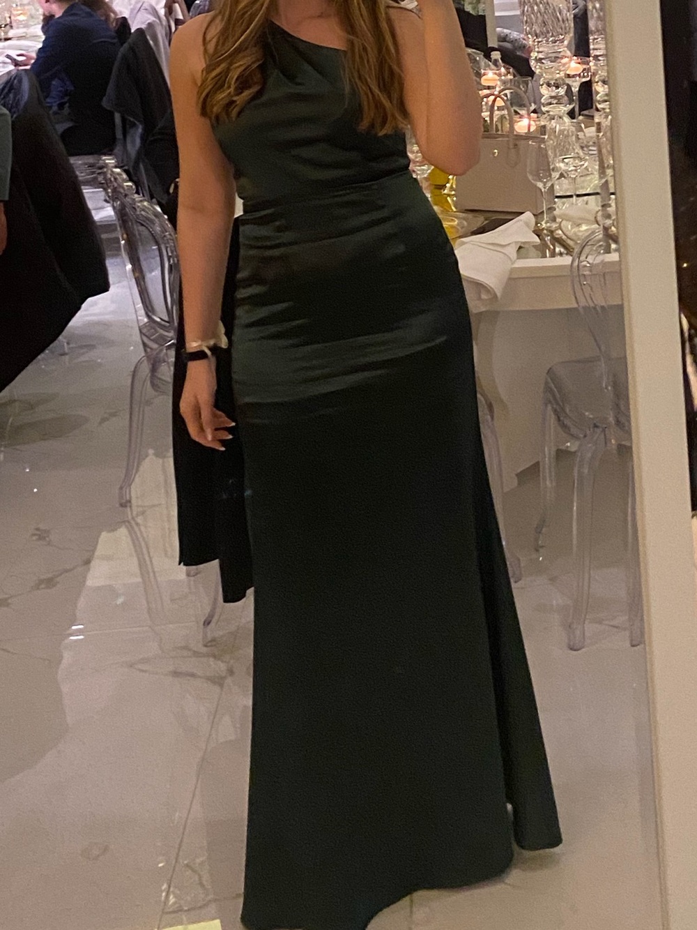 Lulu's One-Shoulder Dark Green Satin Gown